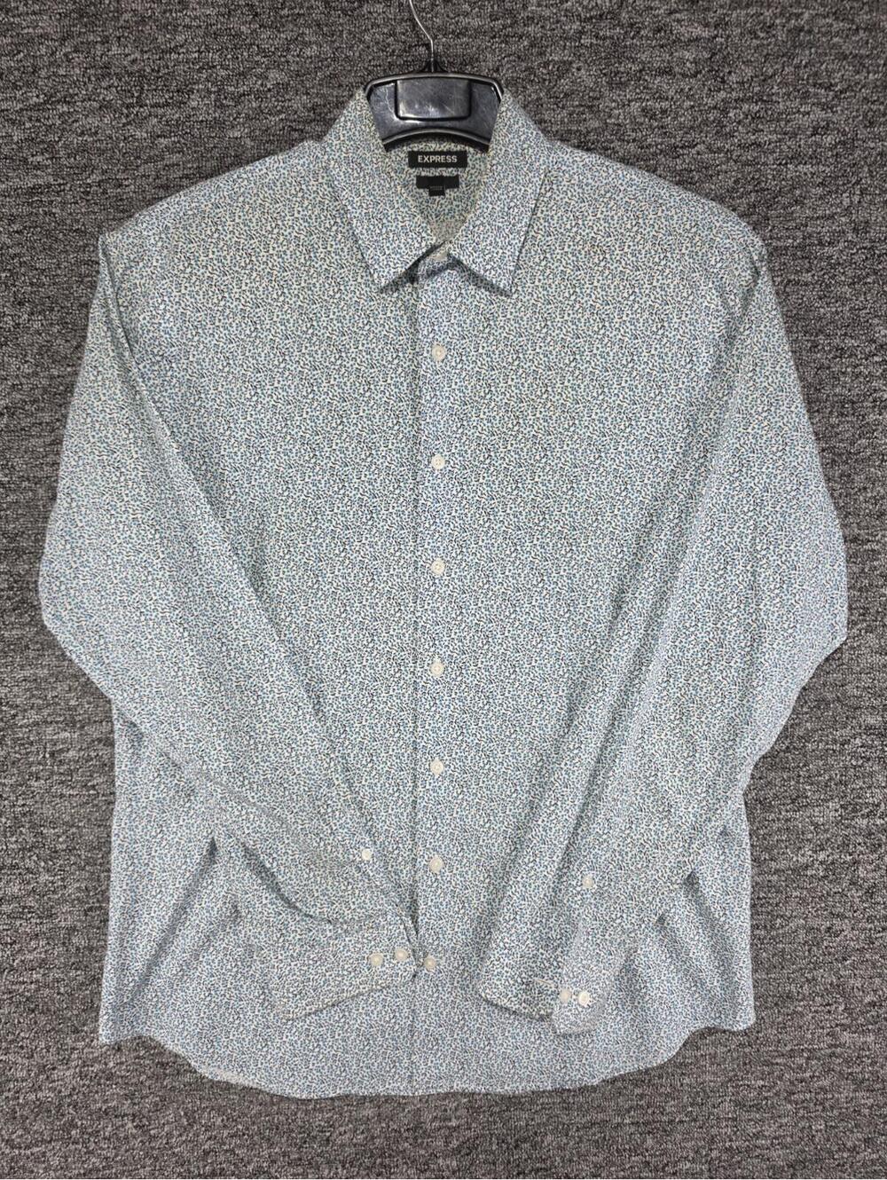 Express Slim Men's L/G Blue/White Floral Cotton Woven Long Sleeve Button-Up